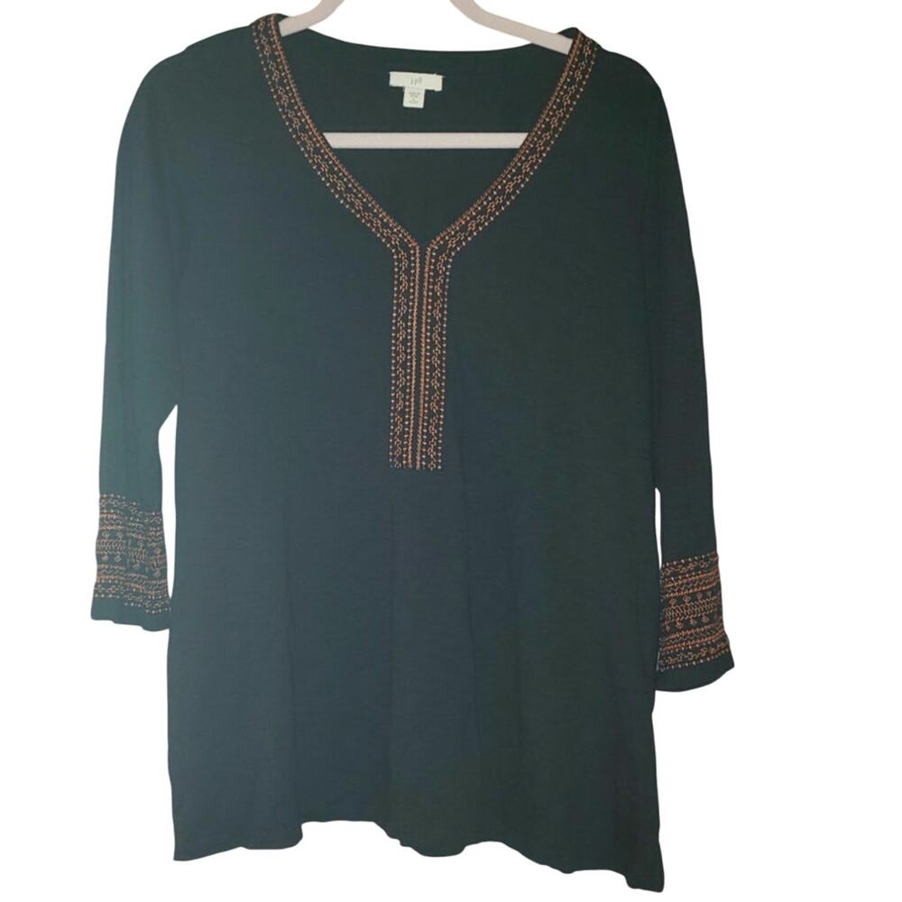 J.Jill Knit top 3/4 sleeves blue with embroidery details. Size Small